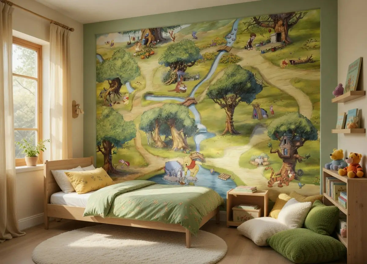 Children's bedroom with a large wall mural of a fantasy landscape.