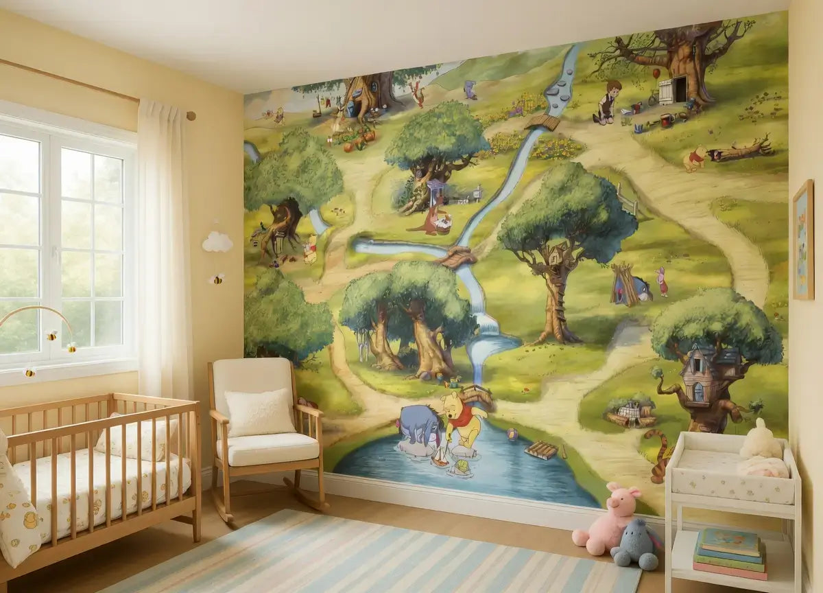 Children's room with a large wall mural of a Winnie The Pooh landscape