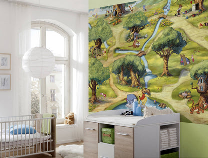 Children's room with a large wall mural of a Winnie The Pooh