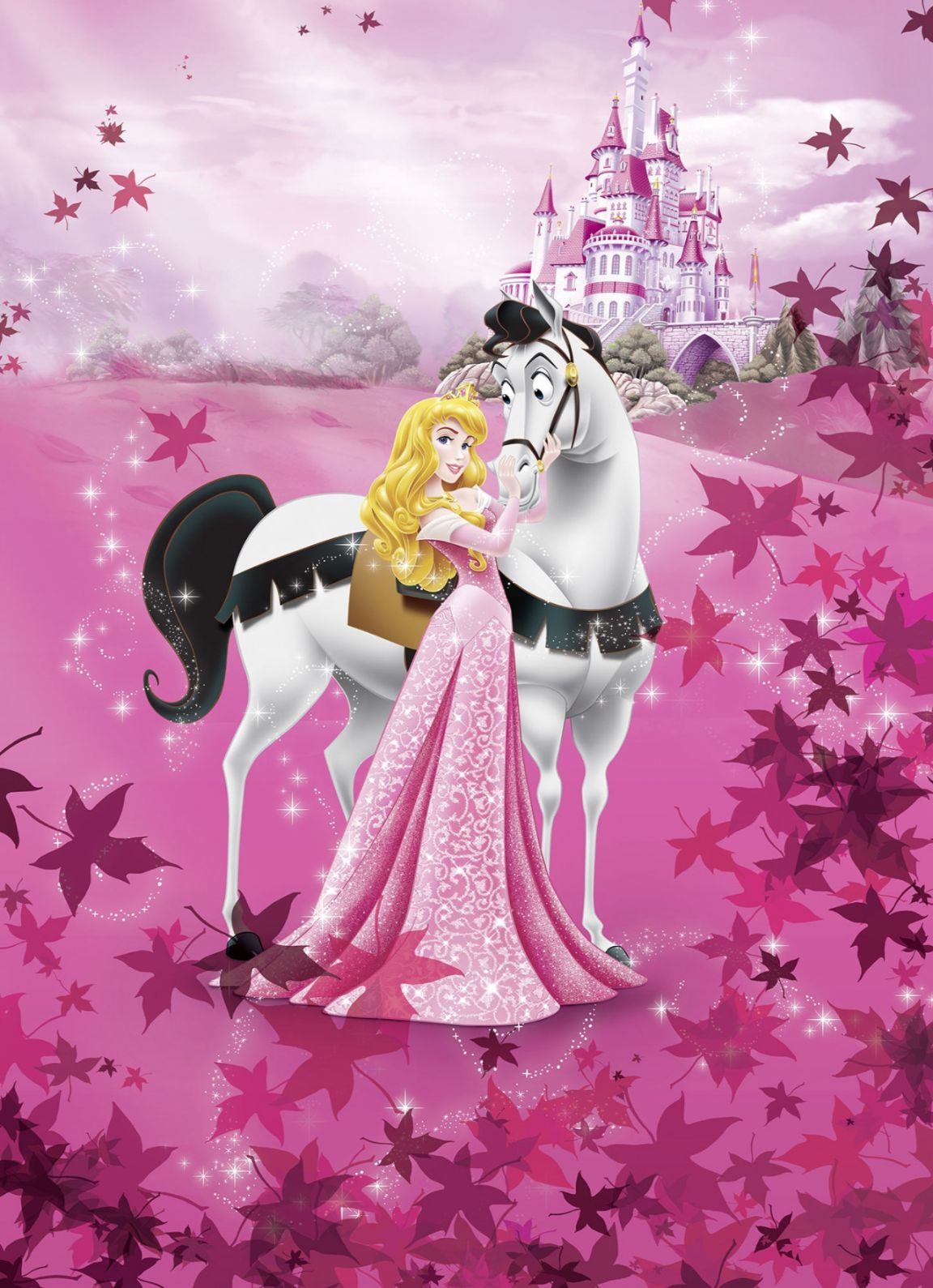 Princess on a horse with a castle in the background on a pink and purple floral patterned background