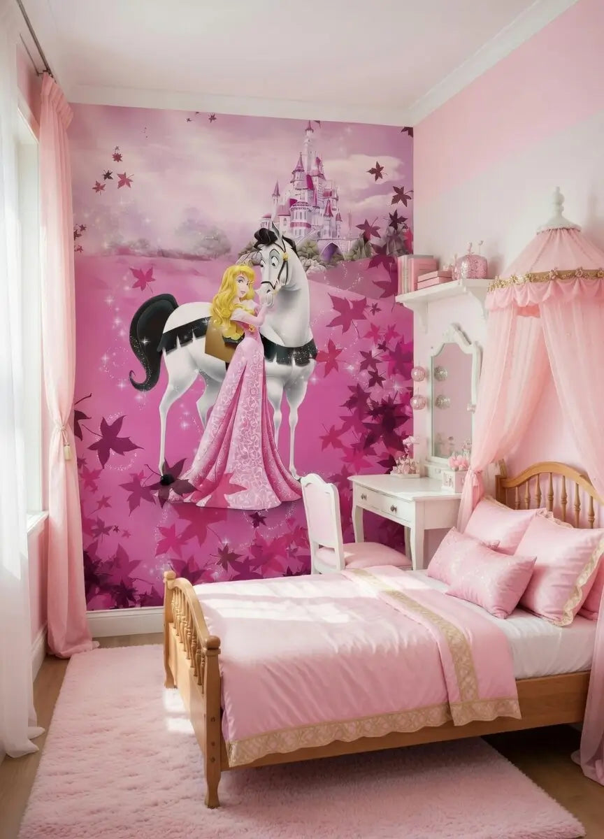 Children's bedroom with princess-themed decor, including a mural of a princess and horse on a pink background.