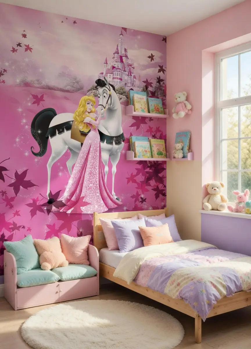 Children's bedroom with pink walls, princess-themed decor, and a large mural of a horse and princess.