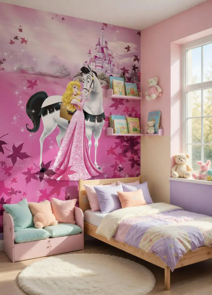 Children's bedroom with pink walls, princess-themed decor, and a large mural of a horse and princess.