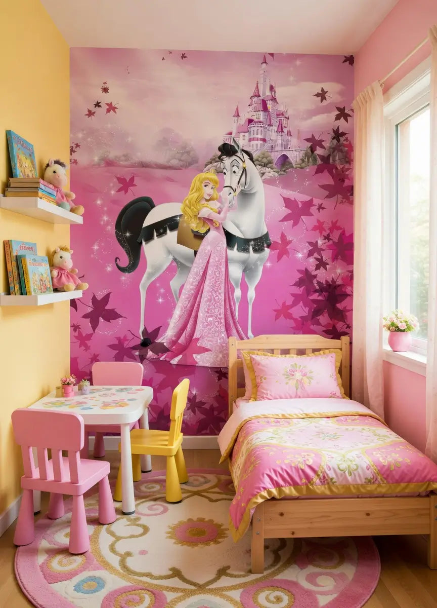 Children's bedroom with princess-themed wallpaper, bed, and furniture.
