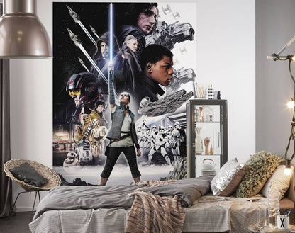 Room interior with a Star Wars-themed wall poster above a bed.