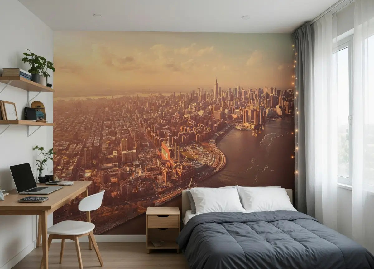 Modern bedroom with a large cityscape wall mural