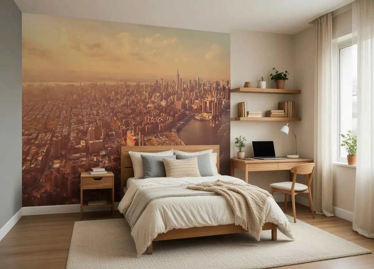 Modern bedroom with a large cityscape wall murals