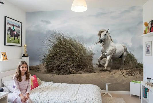 Child's bedroom with a large wall mural of a horse running on a beach.