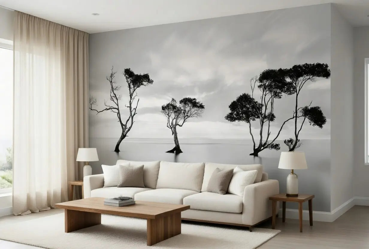 Living room with a large wall mural of trees.