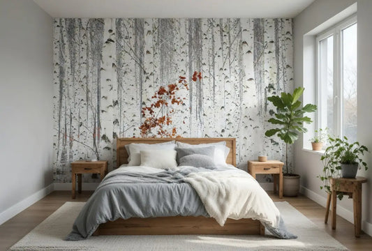 Bedroom with wooden bed, side tables, and a wall with tree mural.