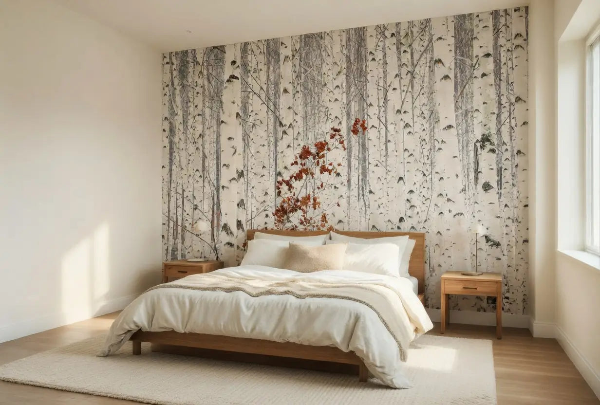 White Birch Forest Nature Wallpaper Mural (W x H) 384 cm x 260 cm (151" x 102")