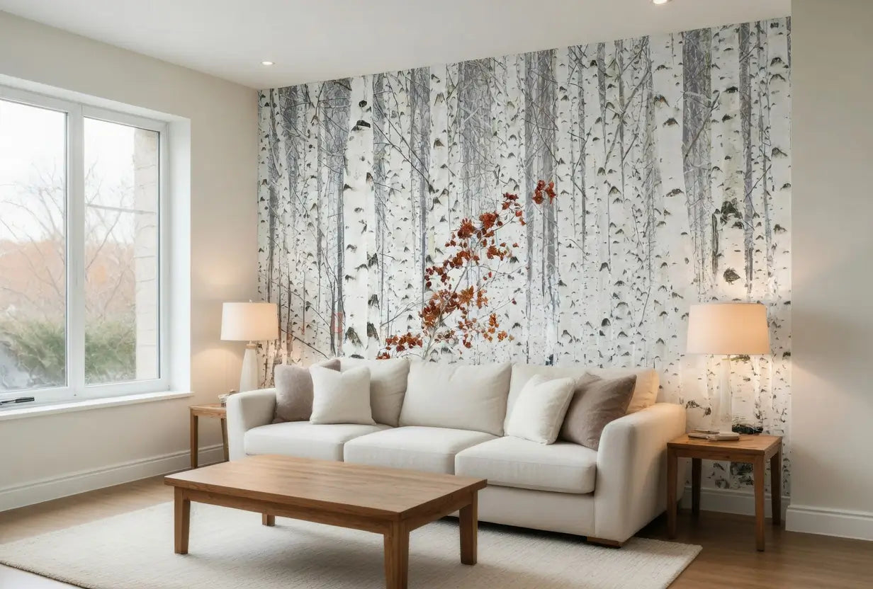 White Birch Forest Nature Wallpaper Mural (W x H) 384 cm x 260 cm (151" x 102")