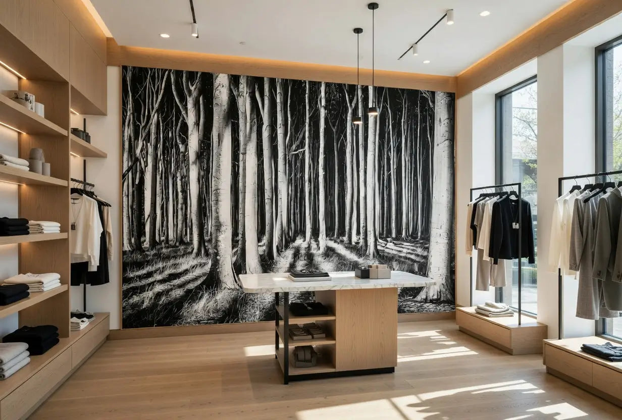 Modern clothing store interior with a large black and white forest mural on the wall.