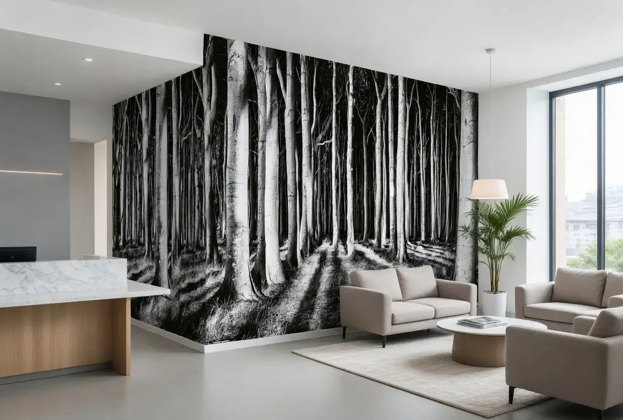 Modern living room with a large wall mural of a black and white forest.