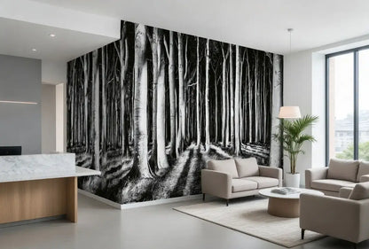 Modern living room with a large wall mural of a black and white forest.