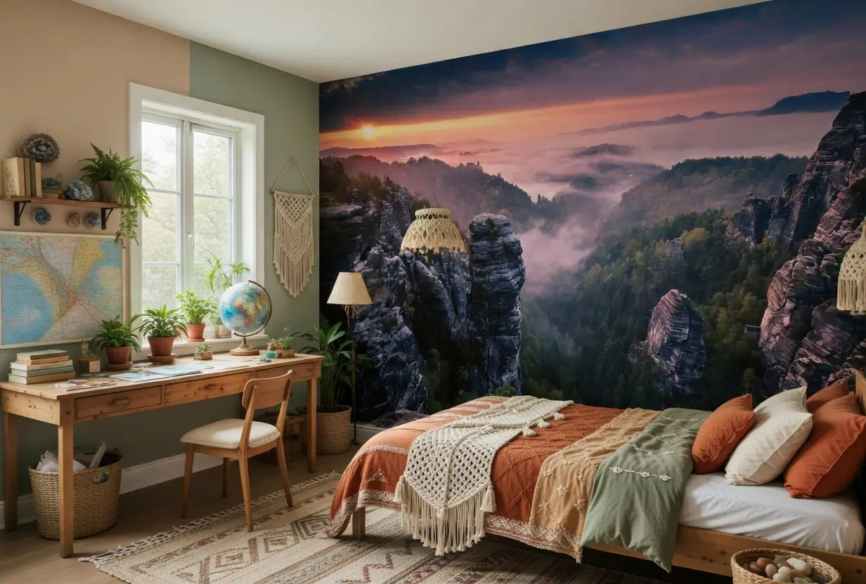 Room interior with a large wall mural of mountains and a desk with plants.