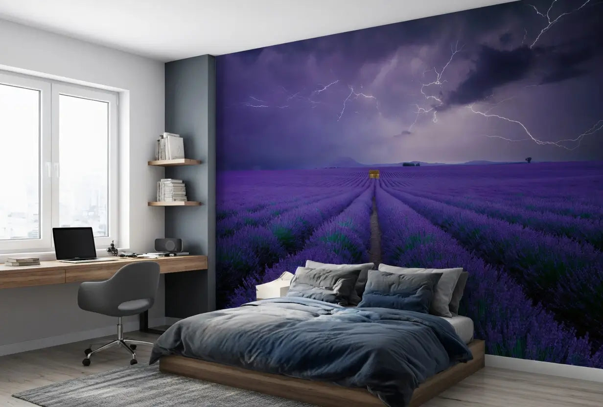 Room interior with a large wall mural of a lavender field and stormy sky.