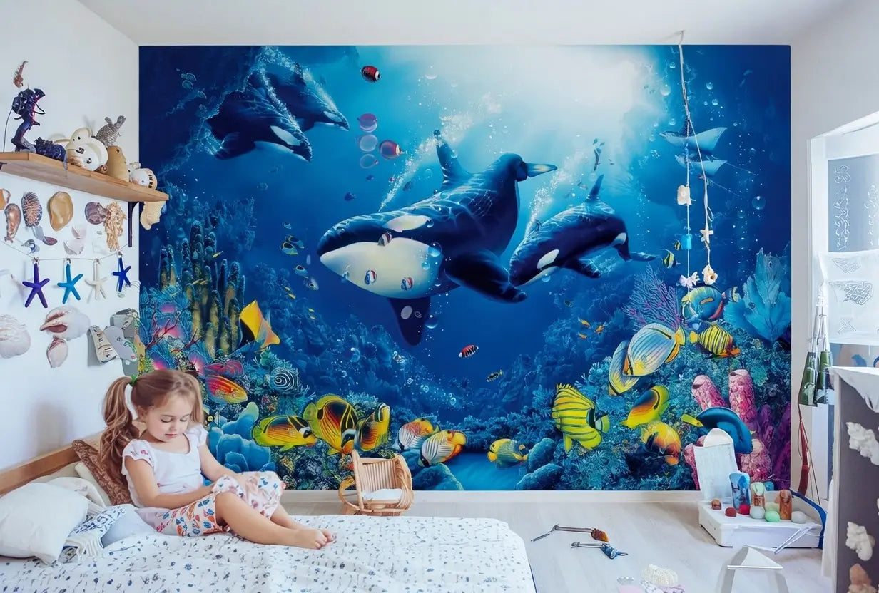 Underwater mural with KILLER WHALE and fish.