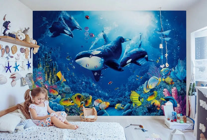 Underwater mural with KILLER WHALE and fish.