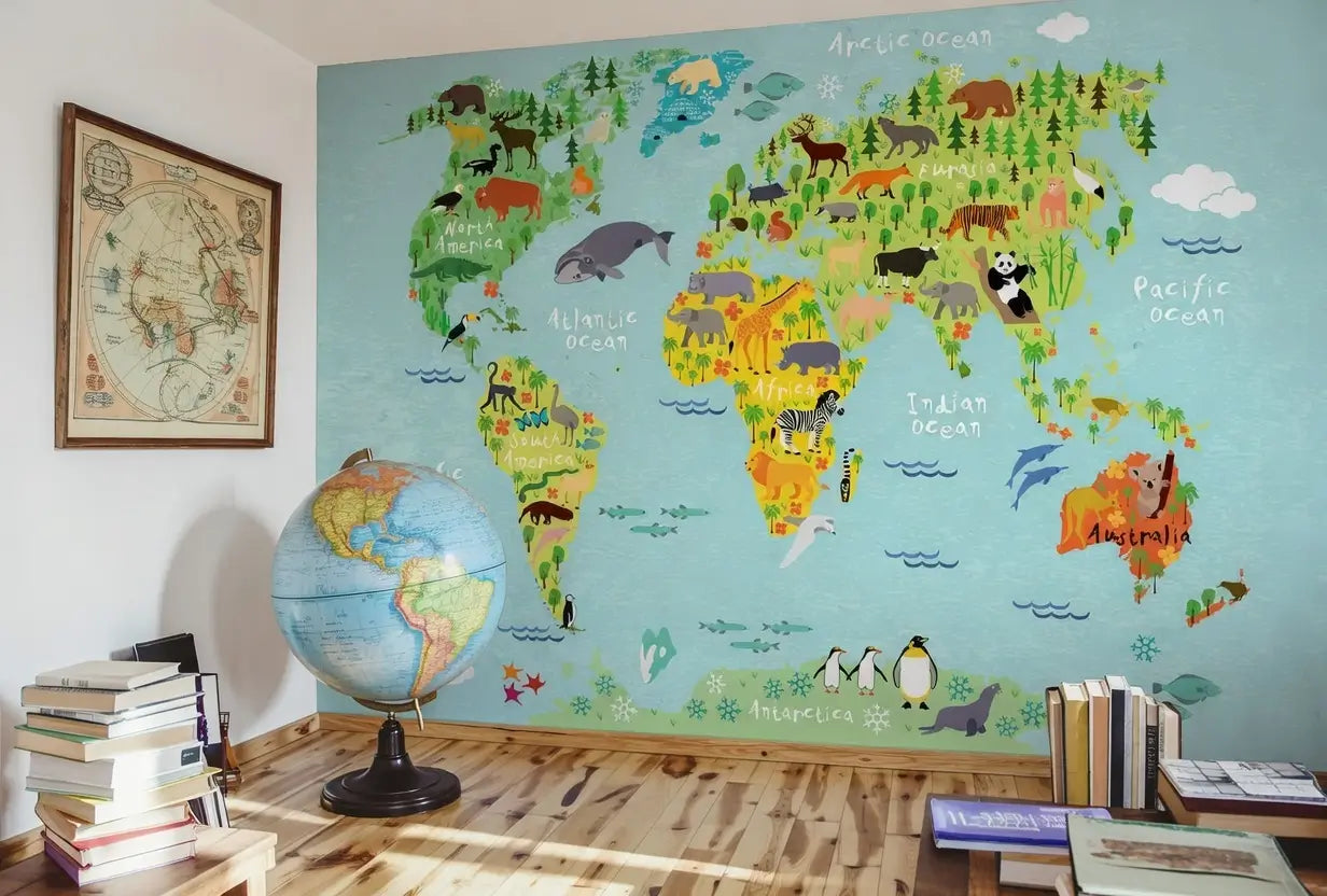 Kids World Map Animals Wallpaper Mural (W x H) 384 cm x 260 cm (151" x 102")