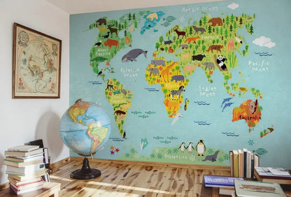 Kids World Map Animals Wallpaper Mural (W x H) 384 cm x 260 cm (151" x 102")