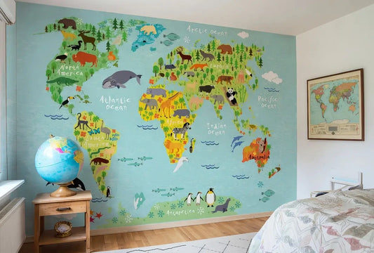 Kids World Map Animals Wallpaper Mural (W x H) 384 cm x 260 cm (151" x 102")