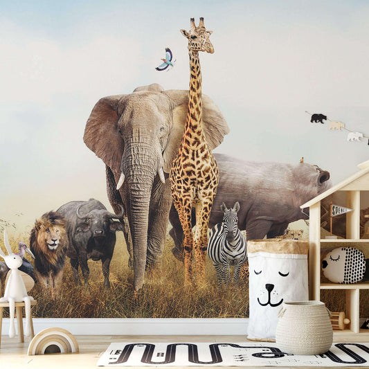 Wild animals: elephant, giraffe, rhino, lion. Safari photo wallpaper