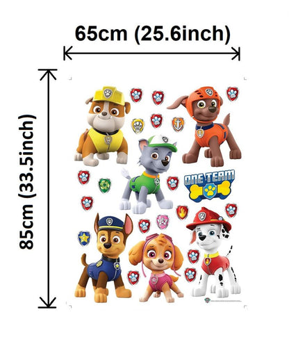 Wall decals featuring Paw Patrol characters and badges, shown with dimension markings of 65cm by 85cm on a white background.