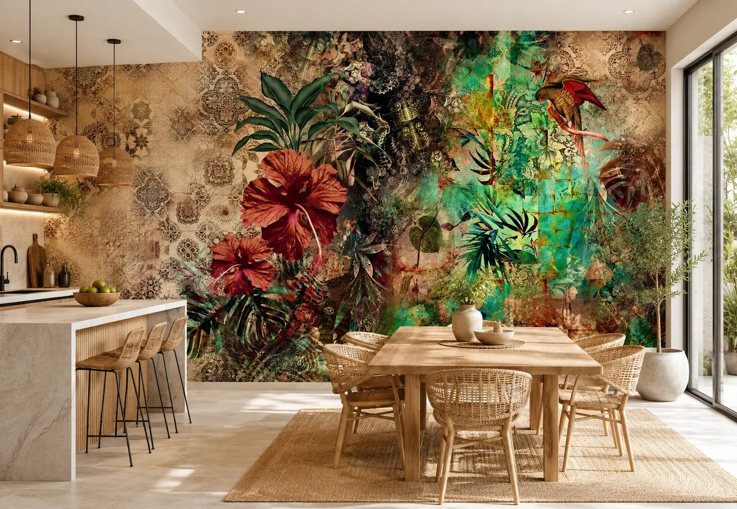 Dining area with a vibrant floral mural on the wall