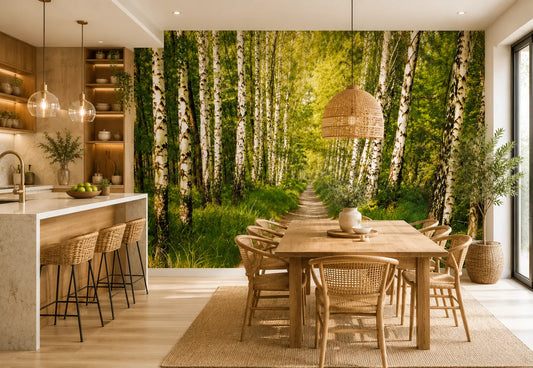 Modern kitchen with a large wall mural of a forest, featuring a dining table and chairs.