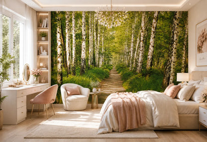 Modern bedroom with a forest mural on the wall
