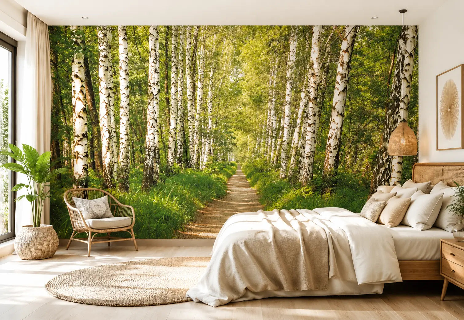 Bedroom with a forest wall mural and natural decor