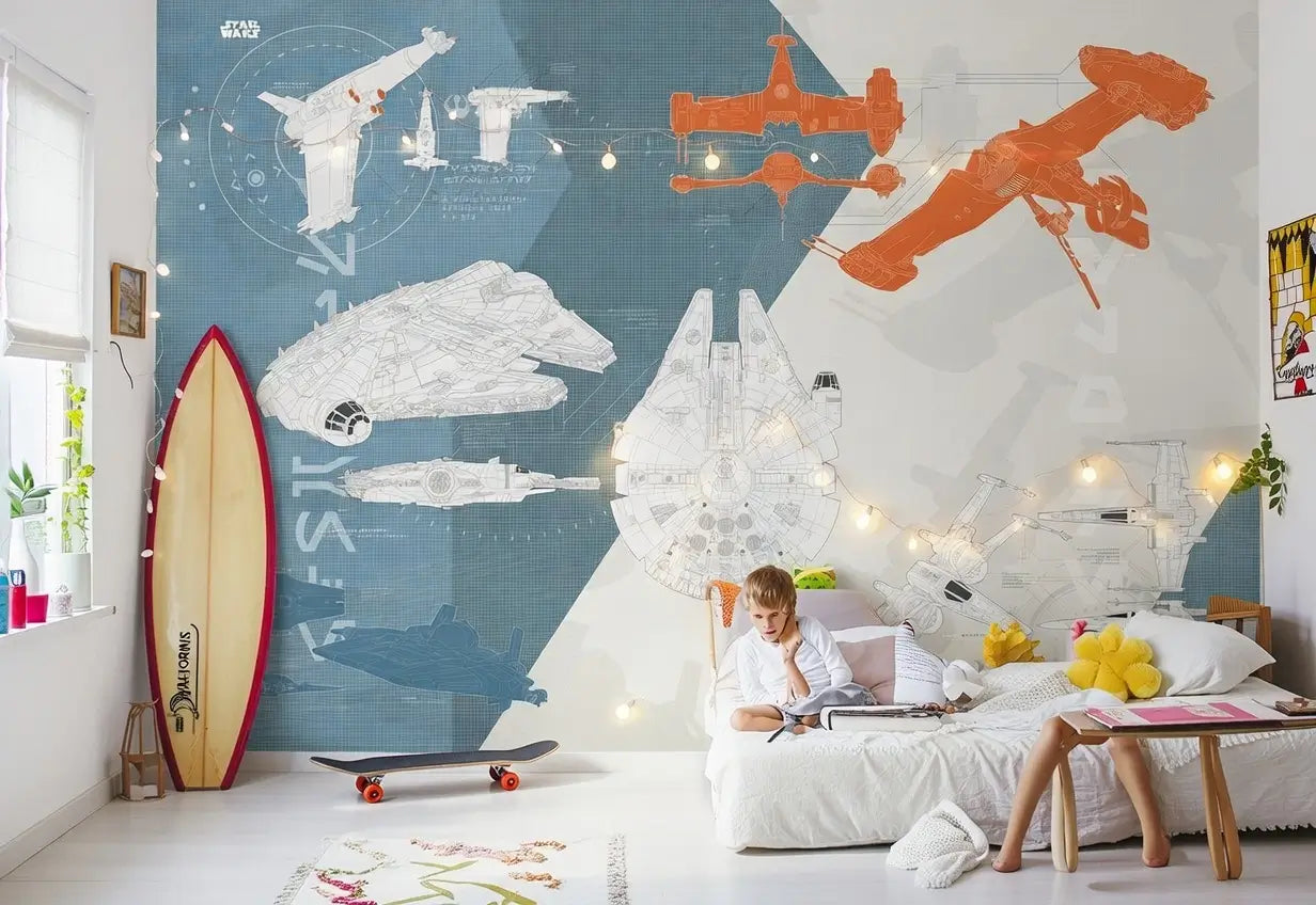 Modern bedroom with Star Wars-themed wall mural and surfboard.
