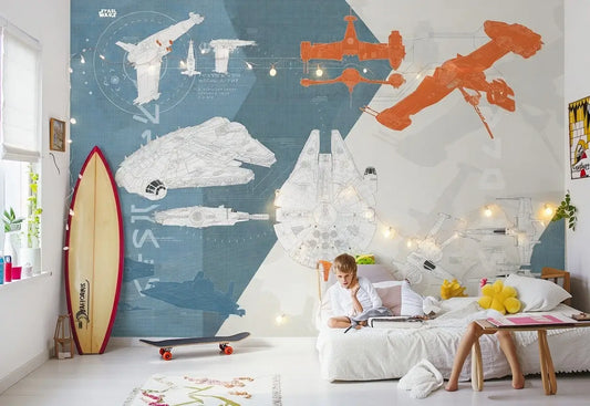 Modern bedroom with Star Wars-themed wall mural and surfboard.