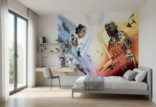 Modern bedroom with a Star Wars-themed wall mural