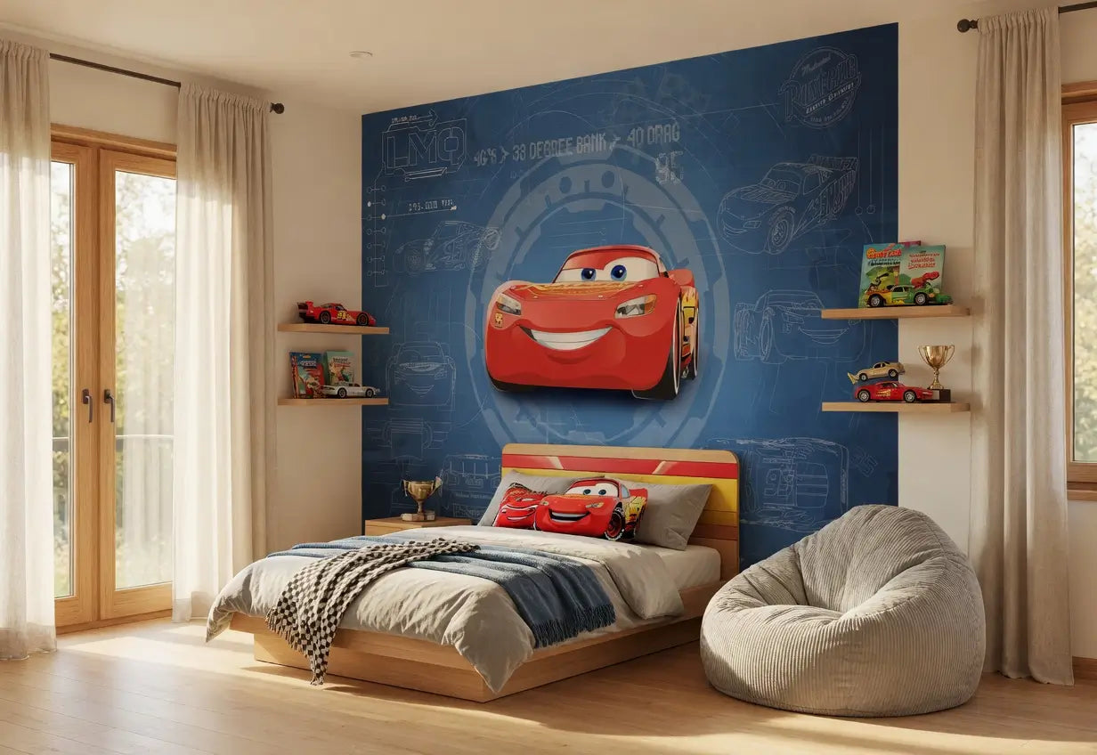 Disney Cars Lightning Mcqueen Blue Kids Bedroom Photo Wallpaper (W x H) 368cm x 254cm (144" x 100")