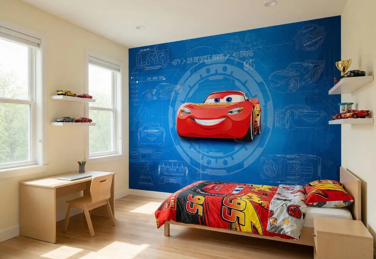Disney Cars Lightning Mcqueen Blue Kids Bedroom Photo Wallpaper (W x H) 368cm x 254cm (144" x 100")