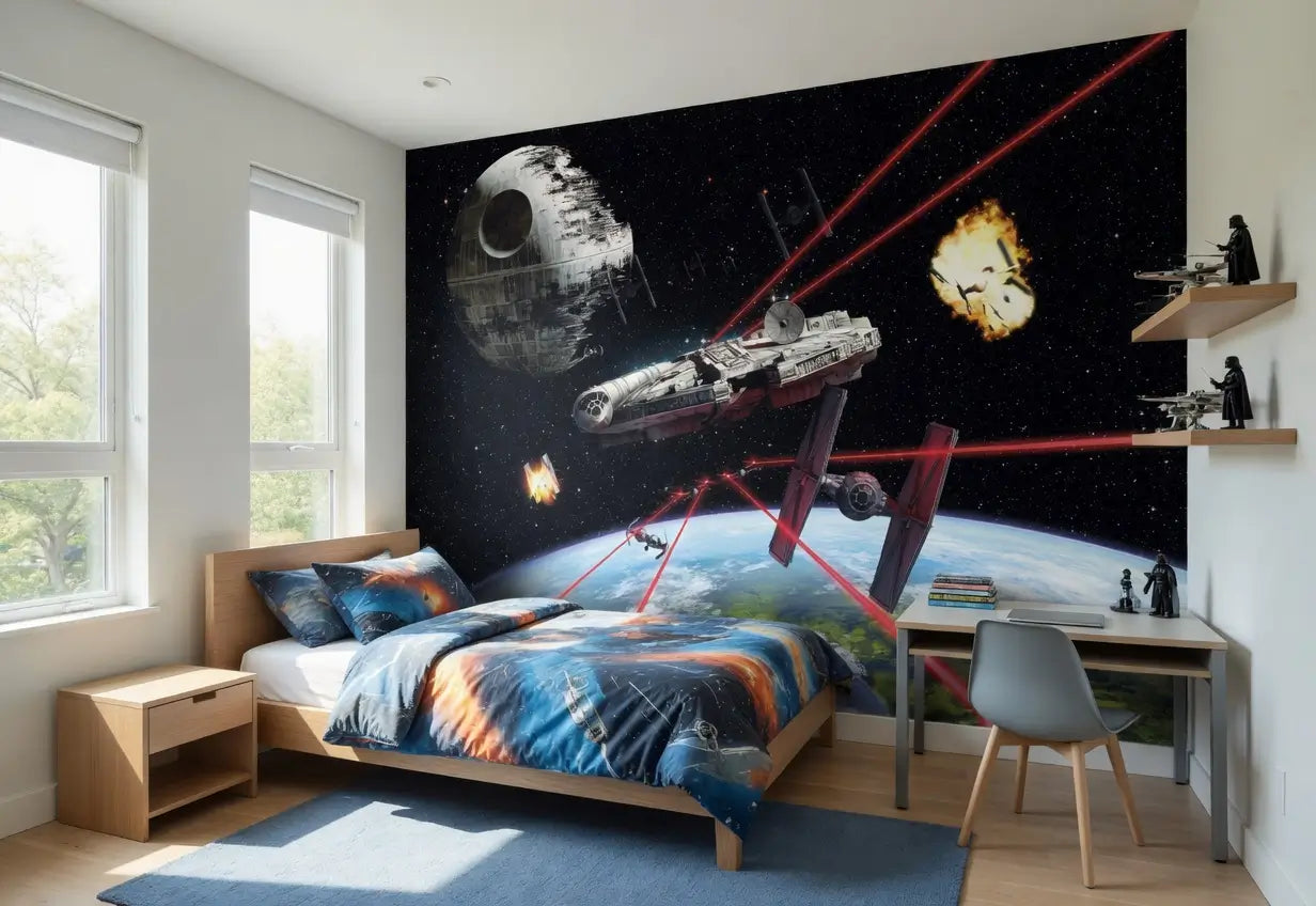 Children's bedroom with space-themed wall mural