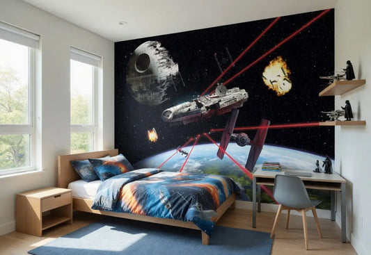 Children's bedroom with space-themed wall mural