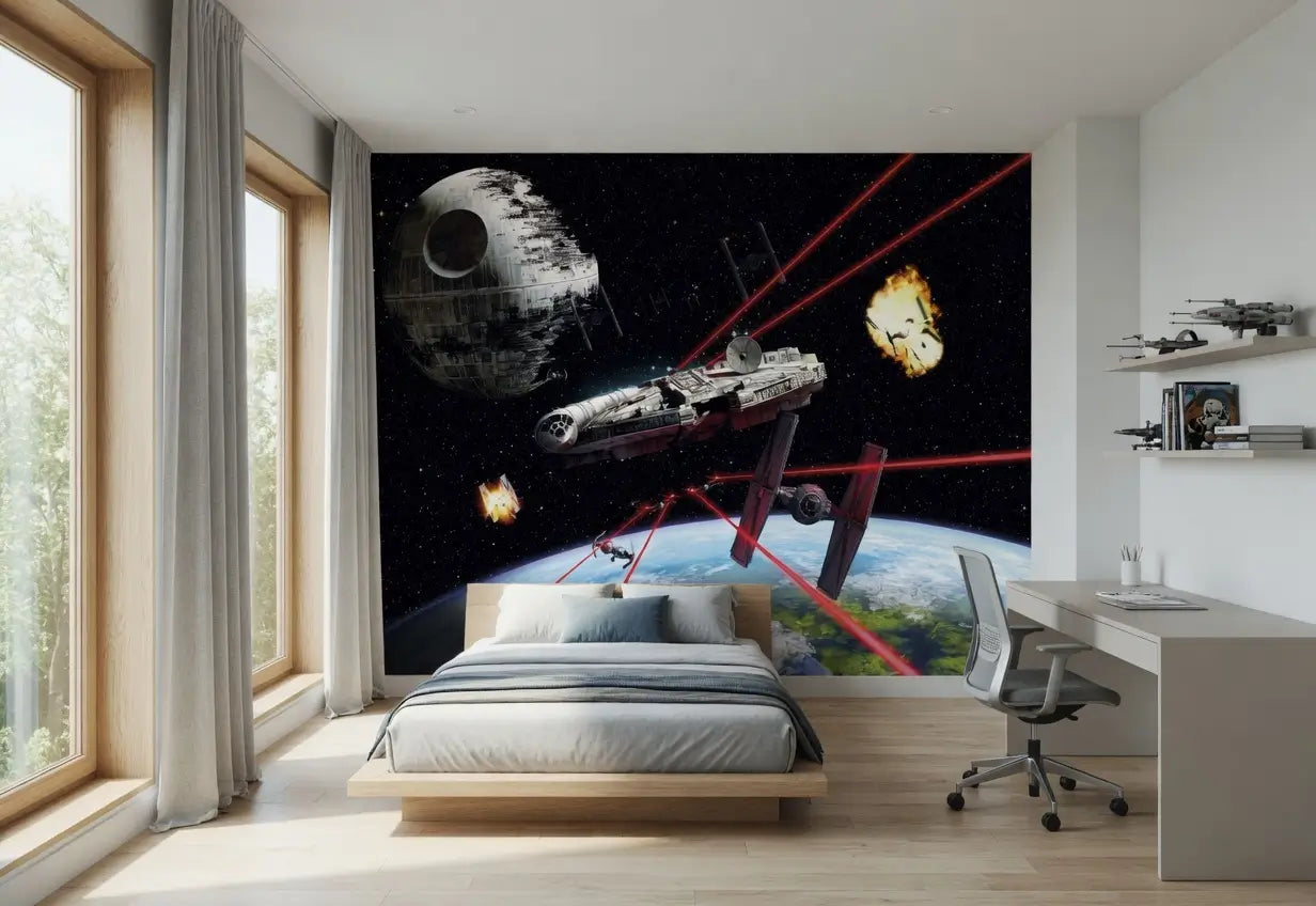 Modern bedroom with a large wall mural of space-themed decor.