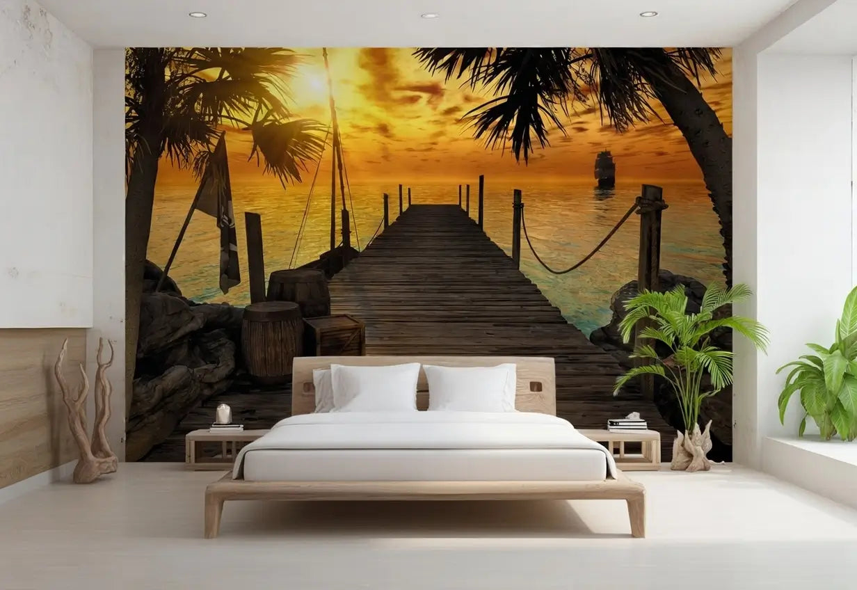 Tropical Pirate Island Ocean View from the Pier Photo Wallpaper (W x H) 368cm x 254cm (144" x 100")