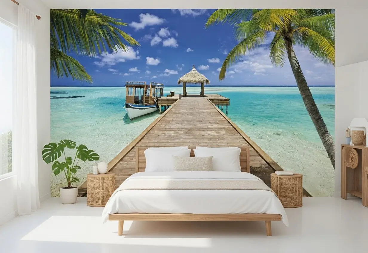 Bedroom with a tropical beach mural on the wall