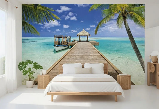 Bedroom with a tropical beach mural on the wall
