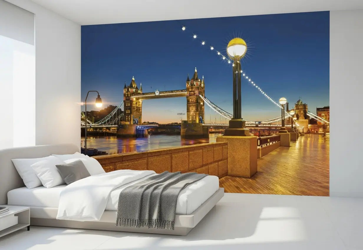 Bedroom with a large wall mural of Tower Bridge at night.