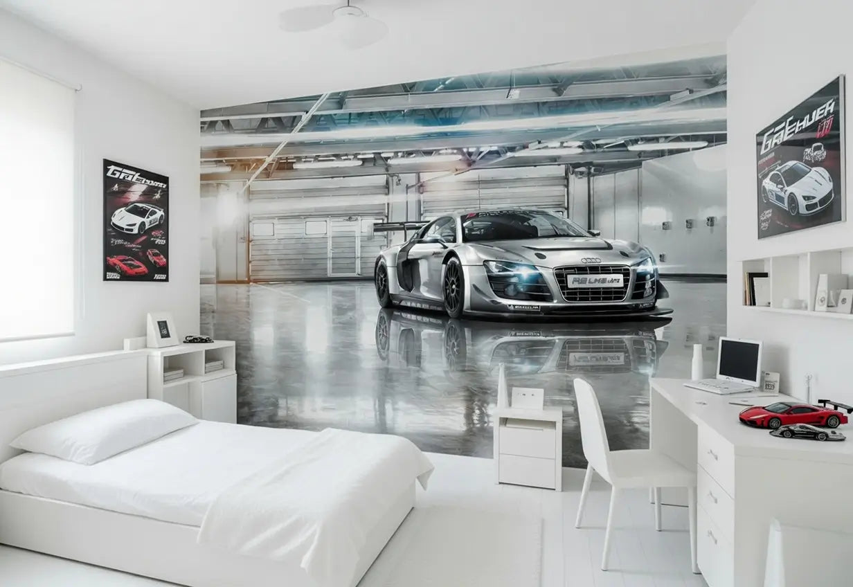 Modern bedroom with car-themed decor, including a large wall mural of a race car.