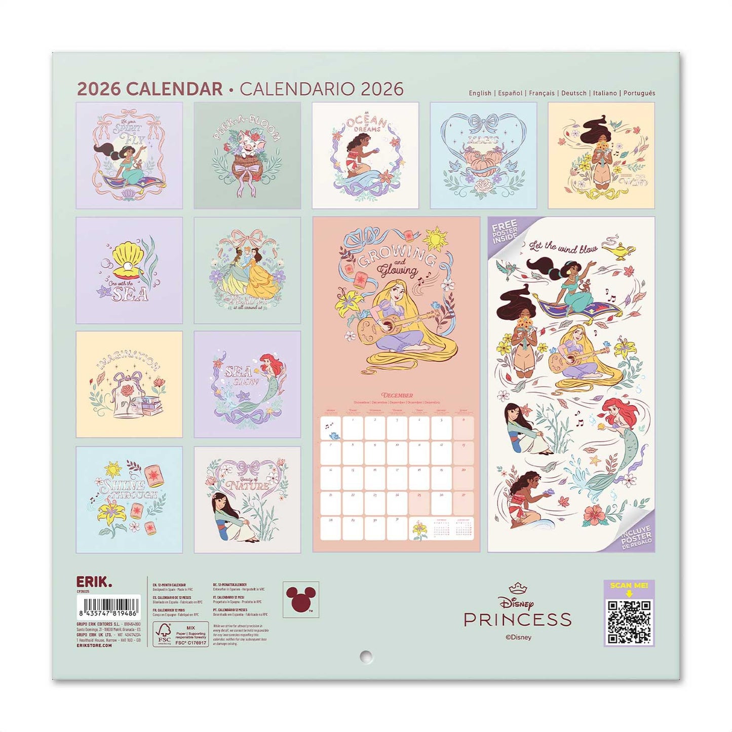 Disney Princesses Wall Calendar 30x30cm Girls Calendar 30 x 30 cm | 11,8 x 11,8 in