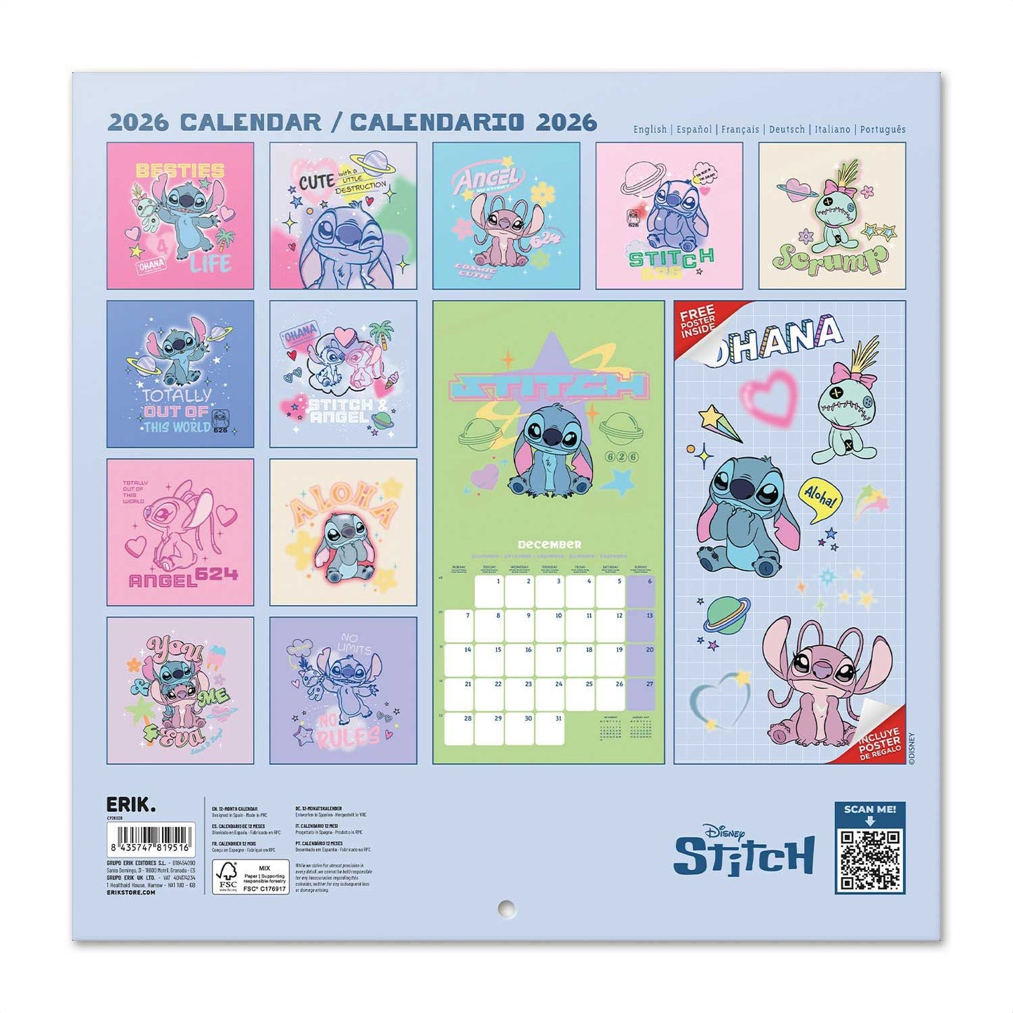 Disney Stitch Wall Calendar 30x30cm Kids Calendar 30 x 30 cm | 11,8 x 11,8 in