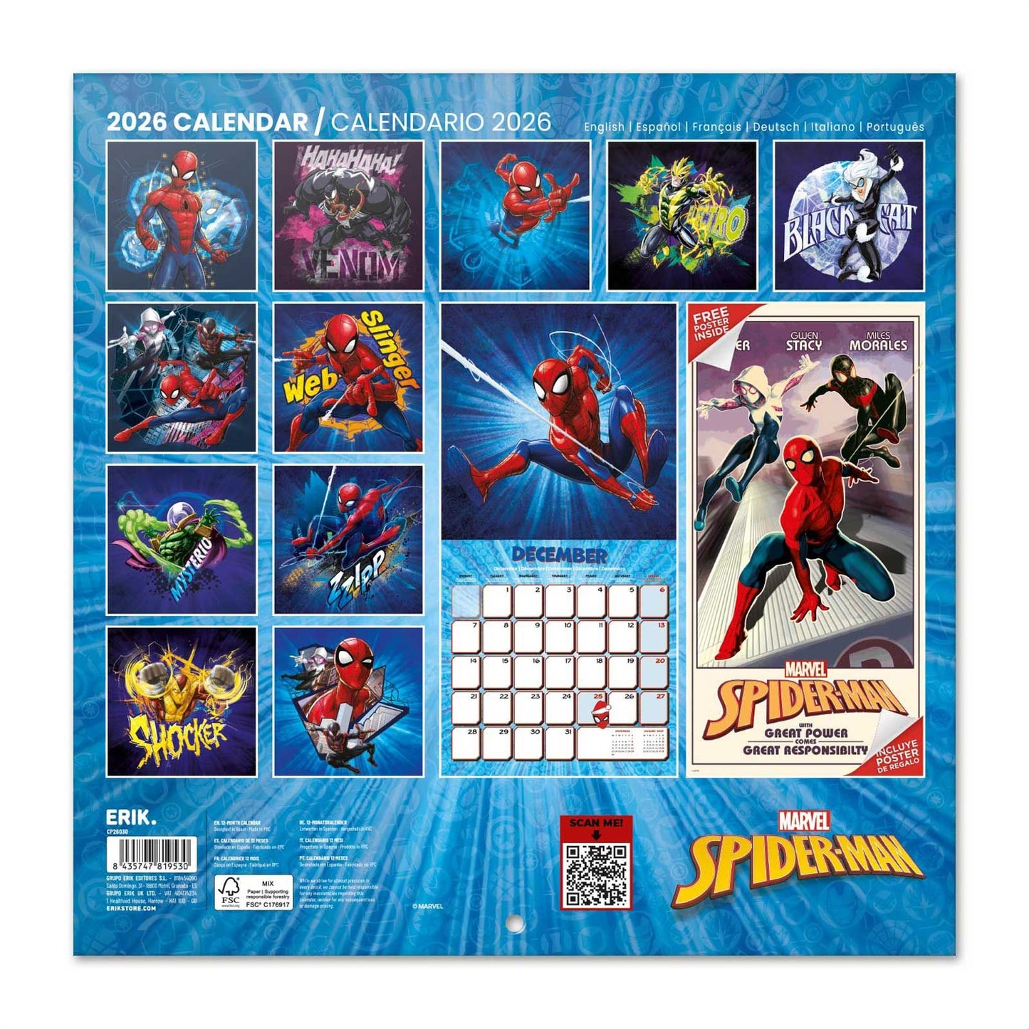 Marvel Spiderman Wall Calendar 30x30cm Teen and Kids Calendar 30 x 30 cm | 11,8 x 11,8 in