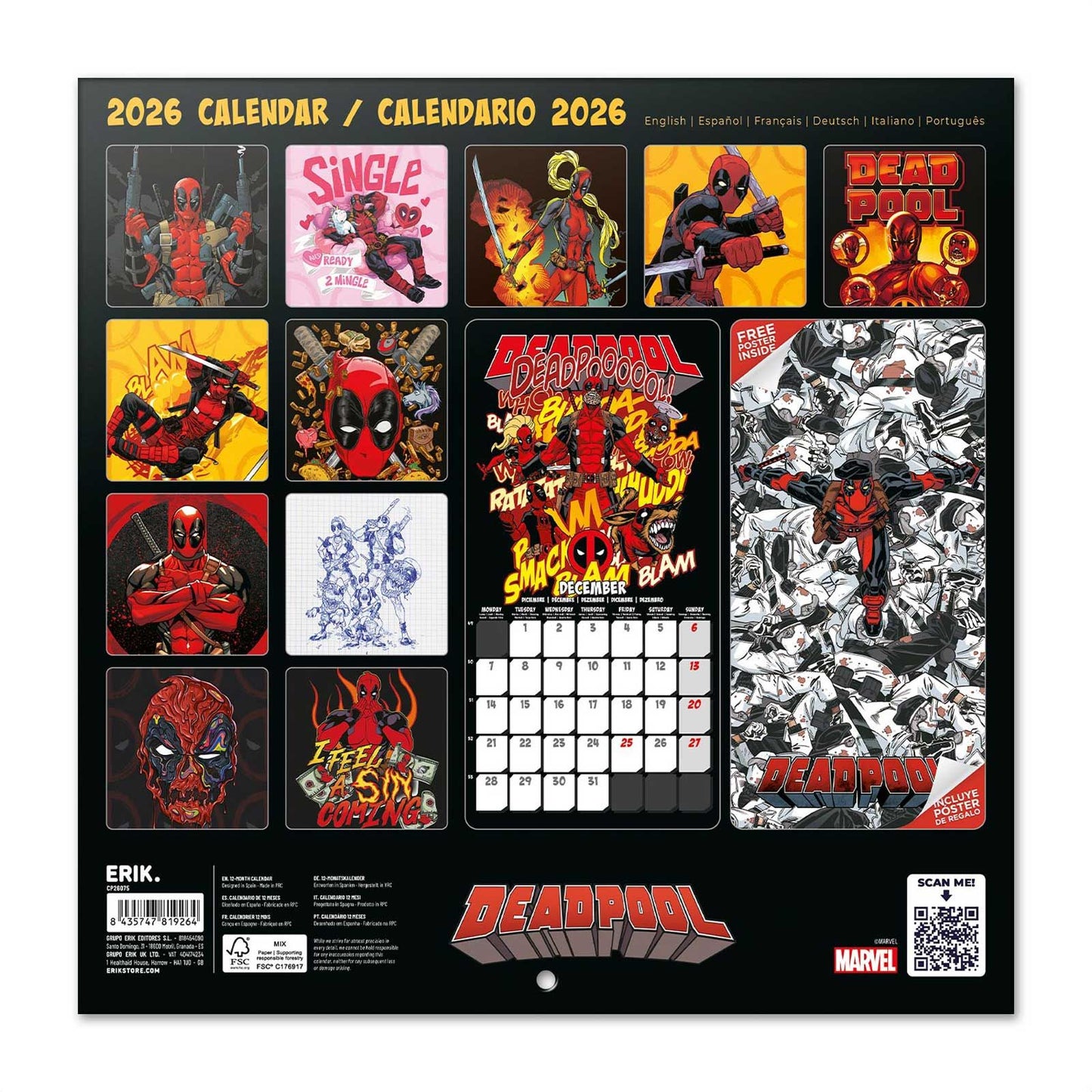 Marvel Deadpool Wall Calendar 30x30cm Teen and Adult Calendar 30 x 30 cm | 11,8 x 11,8 in