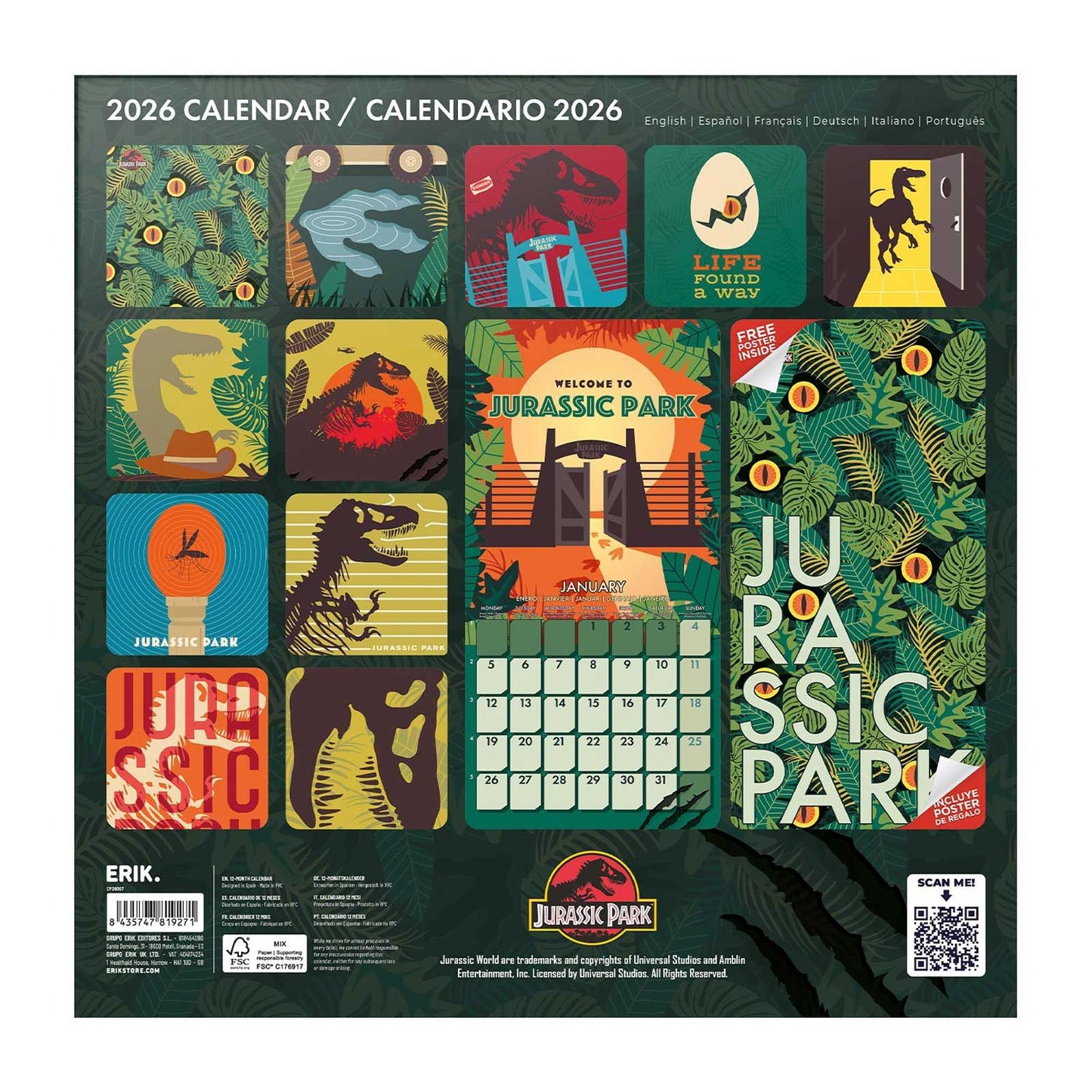 Jurassic Park Wall Calendar 30x30cm Kids and Adults Calendar 30 x 30 cm | 11,8 x 11,8 in